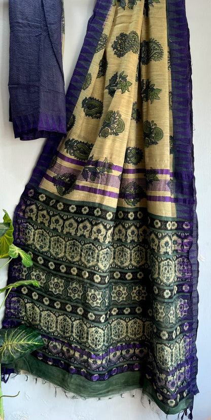 Hand Block Printed Cotton Silk Saree with Temple Border (Ajrakh & Dabu)