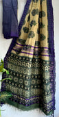Hand Block Printed Cotton Silk Saree with Temple Border (Ajrakh & Dabu)