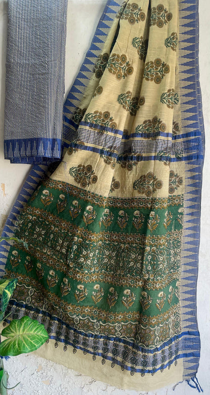 Hand Block Printed Cotton Silk Saree with Temple Border (Ajrakh & Dabu)