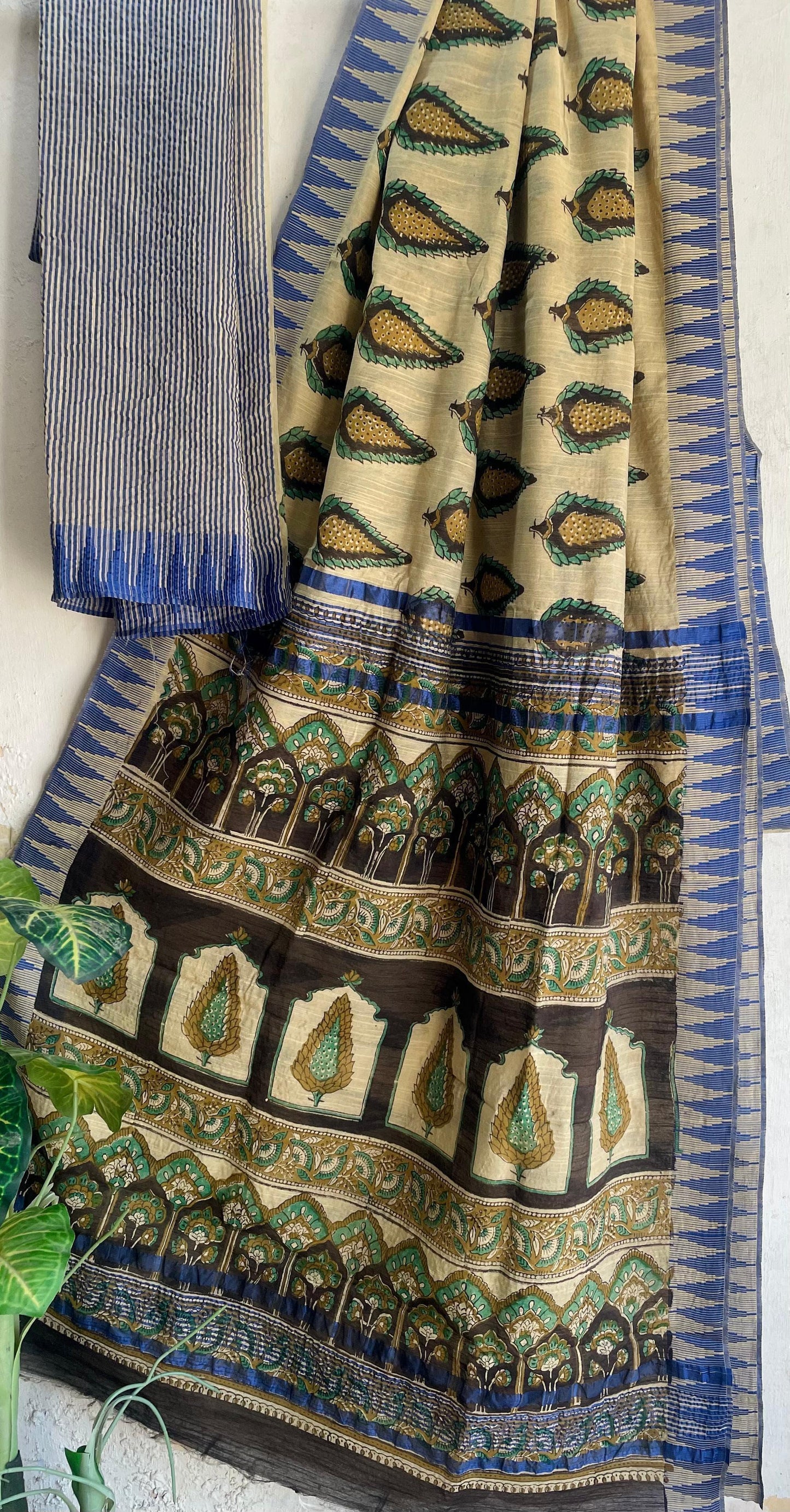Hand Block Printed Cotton Silk Saree with Temple Border (Ajrakh & Dabu)