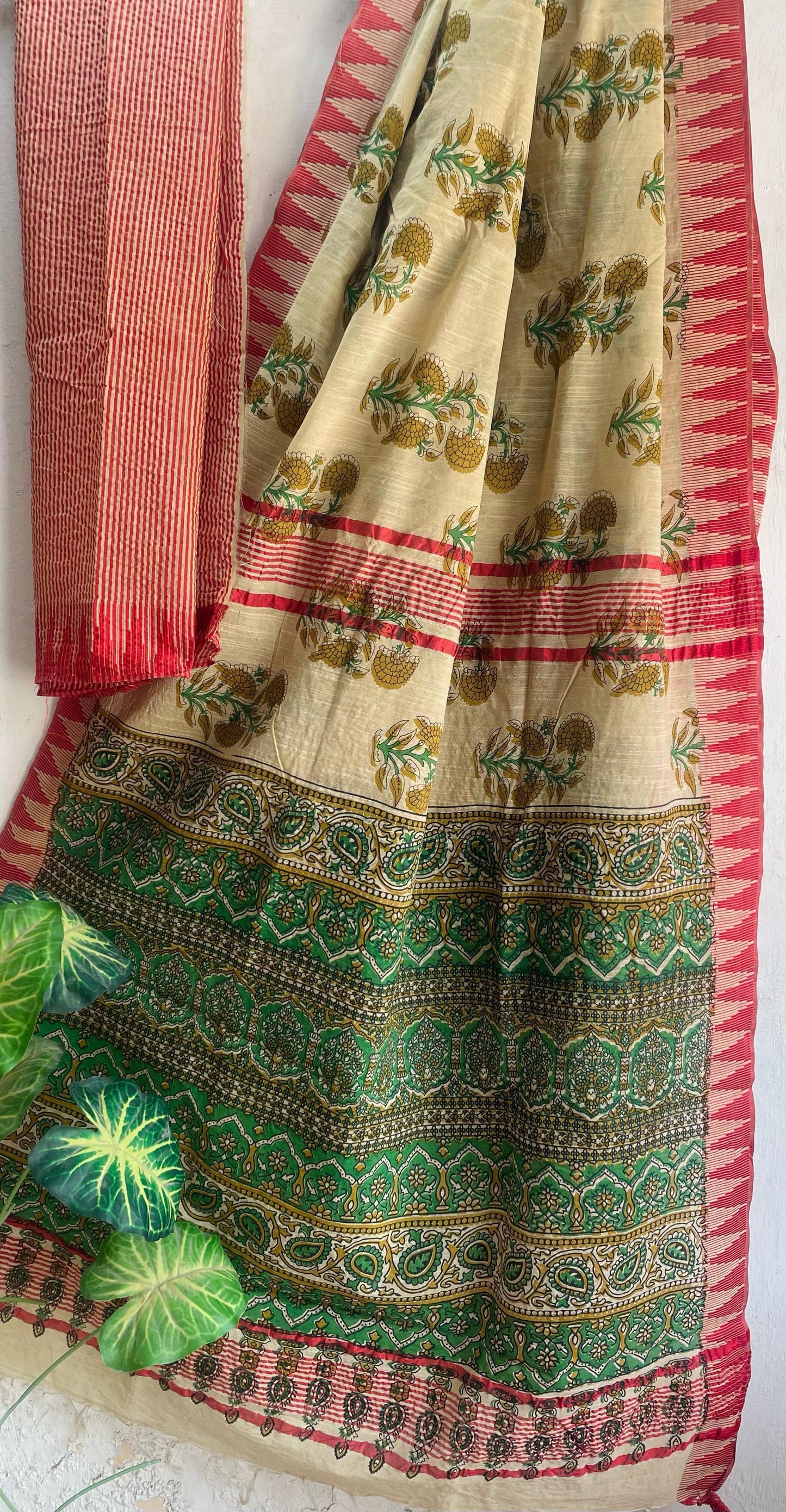 Hand Block Printed Cotton Silk Saree with Temple Border (Ajrakh & Dabu)
