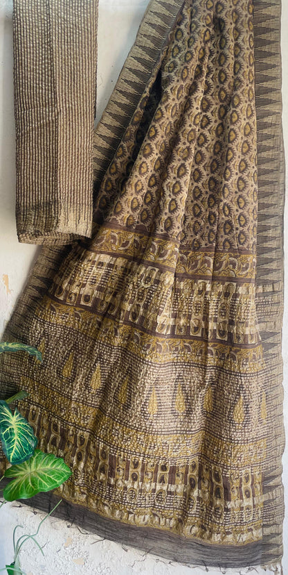 Hand Block Printed Cotton Silk Saree with Temple Border (Ajrakh & Dabu)