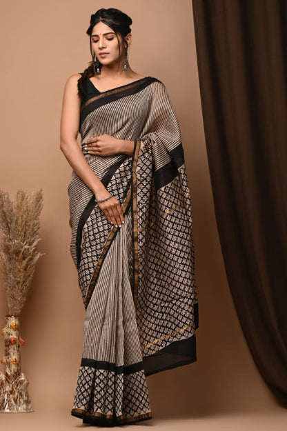 Hand Block Printed Bagru Pure Chanderi Saree with Blouse Piece