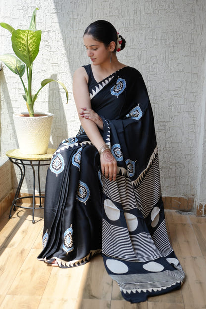 Exclusive Natural-Dye Ajrakh Vanaspati Pure Modal Silk Saree + Printed Blouse