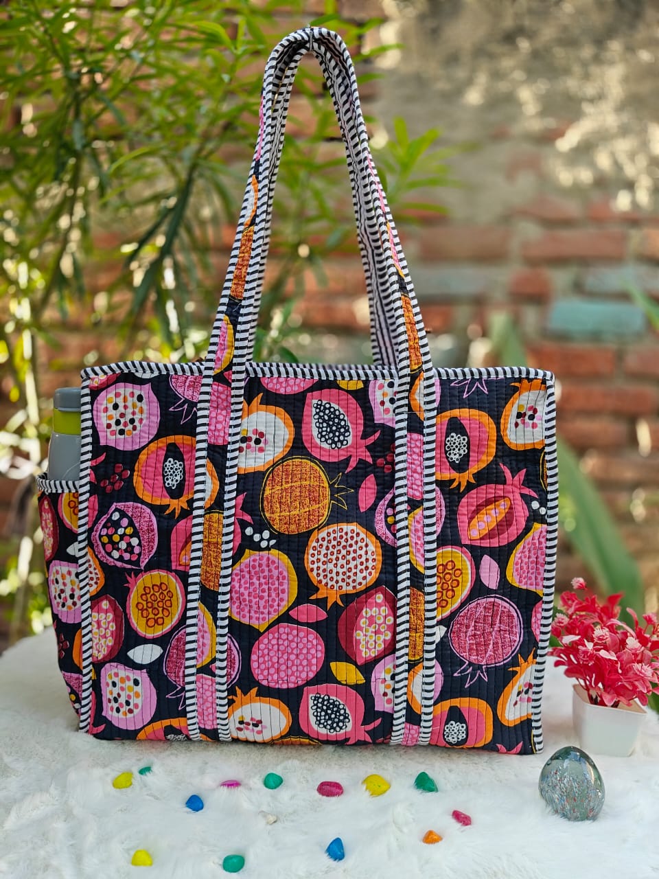 Cotton Quilted Tote Bag with Zip & External Water Bottle Pocket