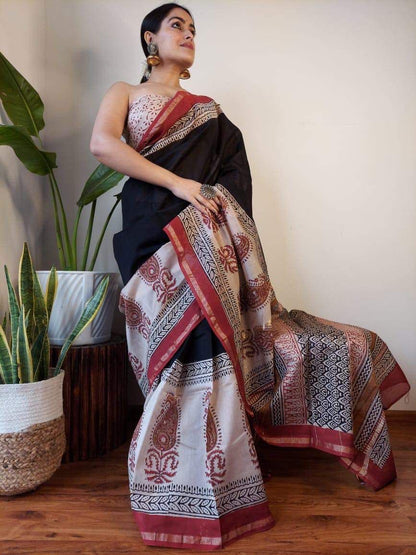 Hand Block Printed Bagru Pure Chanderi Saree with Blouse Piece