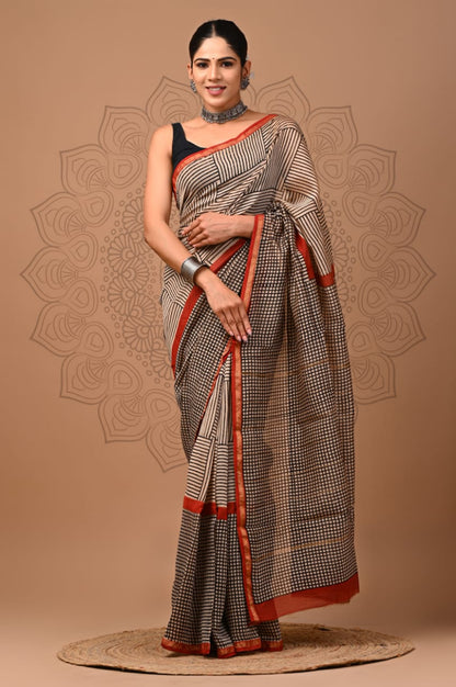 Hand Block Printed Bagru Pure Chanderi Saree with Blouse Piece