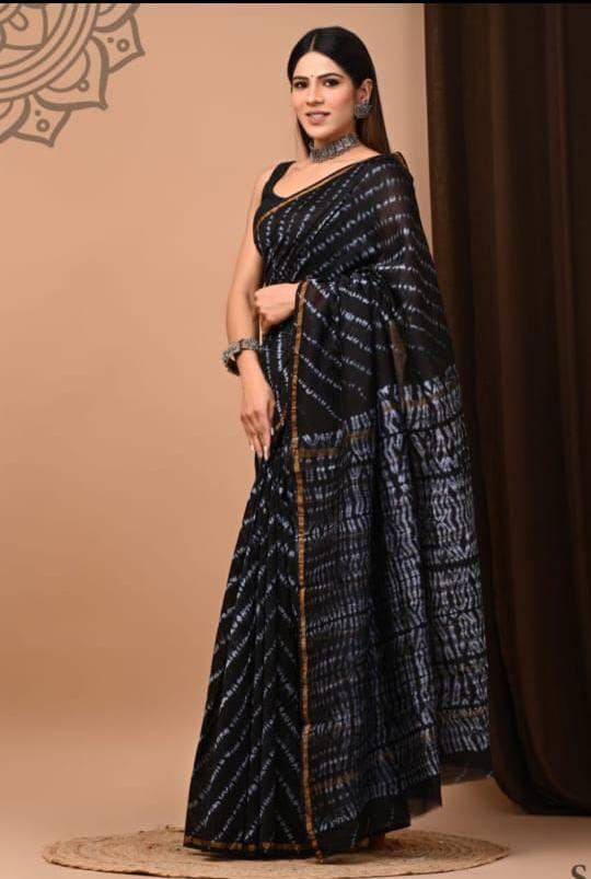 Hand Block Printed Bagru Pure Chanderi Saree with Blouse Piece