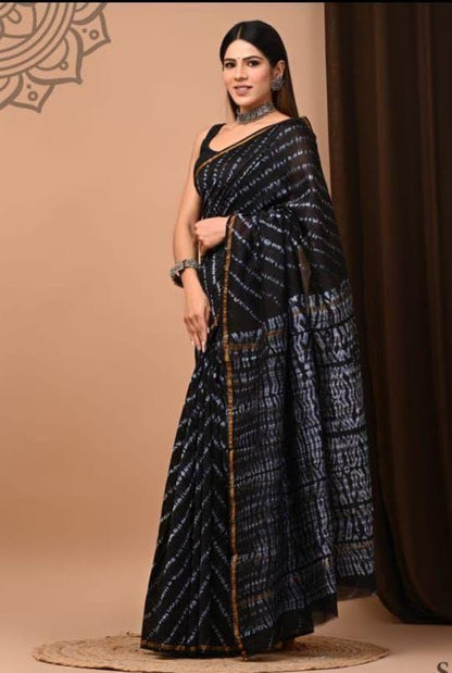 Hand Block Printed Bagru Pure Chanderi Saree with Blouse Piece