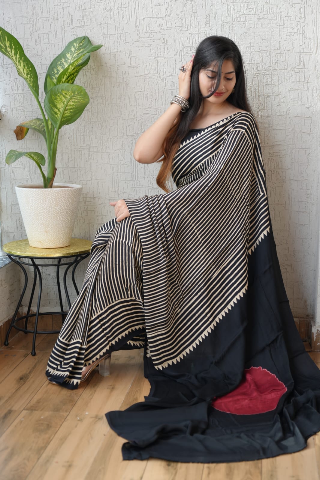 Exclusive Natural-Dye Ajrakh Vanaspati Pure Modal Silk Saree + Printed Blouse