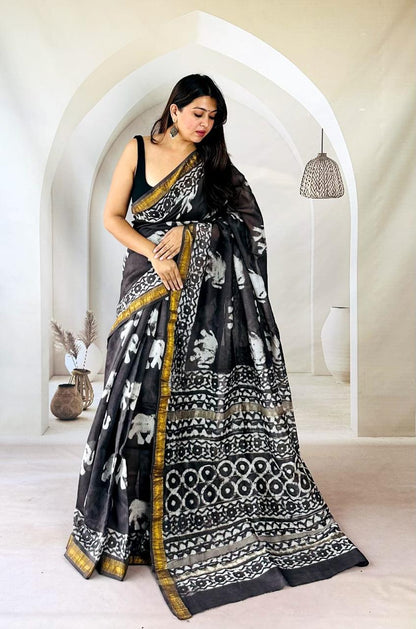 Traditional Hand Block Printed Maheshwari Silk Saree with Zari