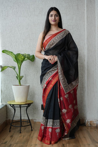 New Bagru Hand Block Printed Maheshwari Silk Saree