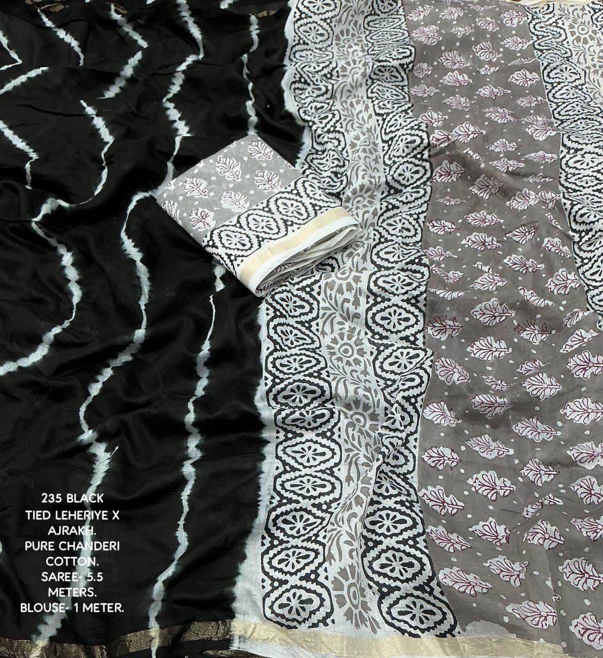 Soft Pure Chanderi Leheriya Saree with Ajrakh Pallu + Cotton Tassels