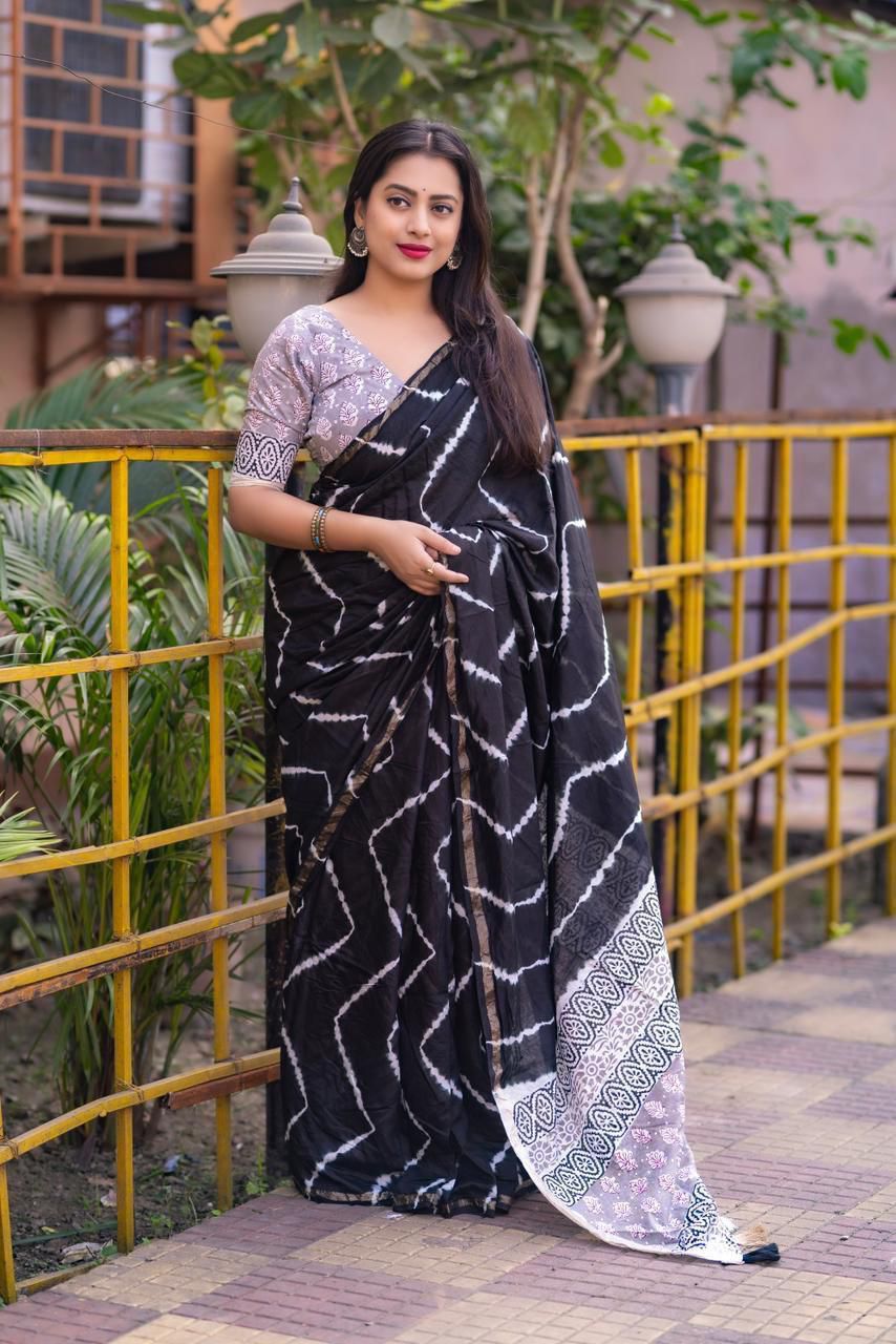 Soft Pure Chanderi Leheriya Saree with Ajrakh Pallu + Cotton Tassels