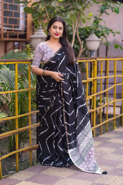 Soft Pure Chanderi Leheriya Saree with Ajrakh Pallu + Cotton Tassels