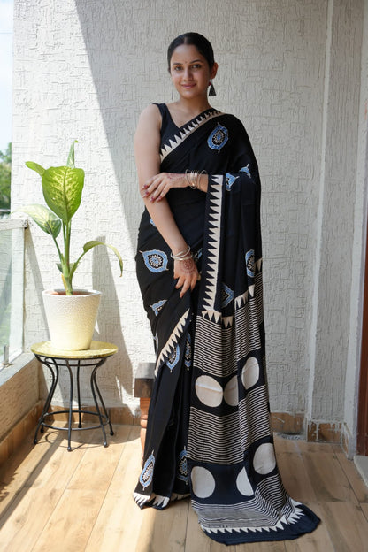 Exclusive Natural-Dye Ajrakh Vanaspati Pure Modal Silk Saree + Printed Blouse