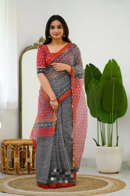 Kota Doriya Hand Block Printed Saree with Blouse (Natural Dye)