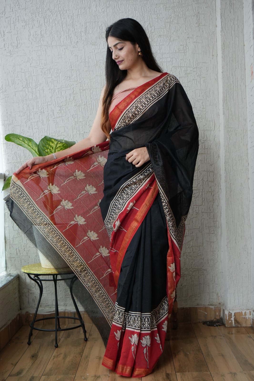 New Bagru Hand Block Printed Maheshwari Silk Saree