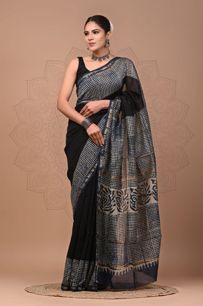 Hand Block Printed Bagru Pure Chanderi Saree with Blouse Piece