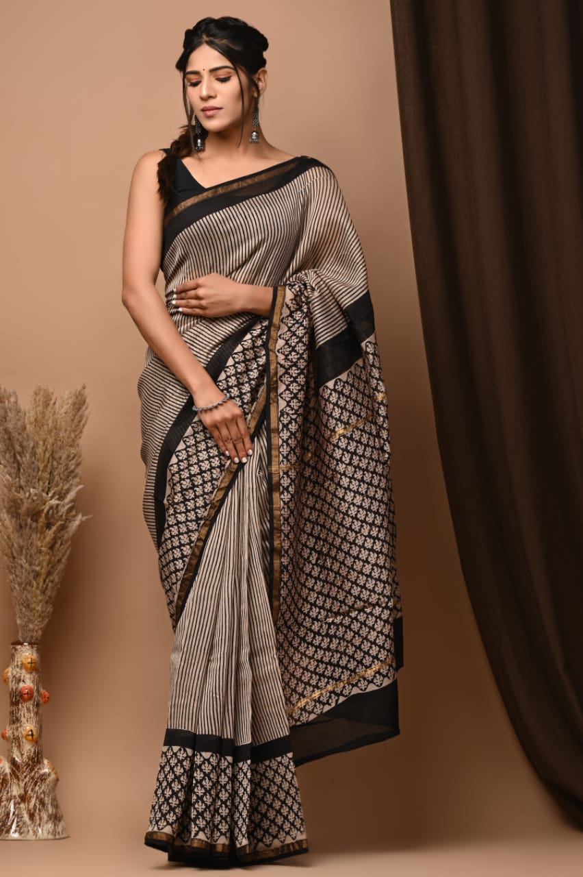 Hand Block Printed Bagru Pure Chanderi Saree with Blouse Piece