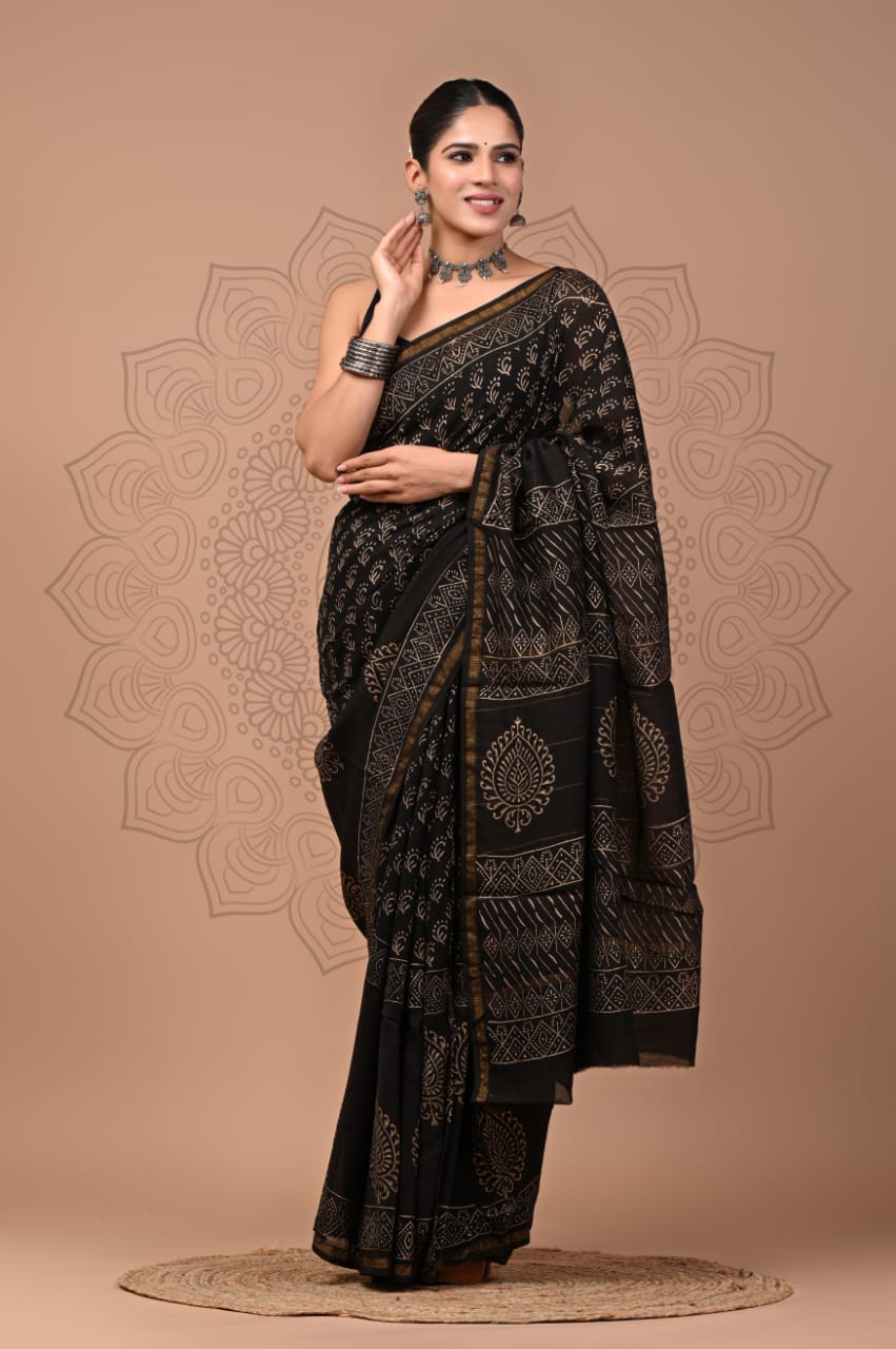 Hand Block Printed Bagru Pure Chanderi Saree with Blouse Piece