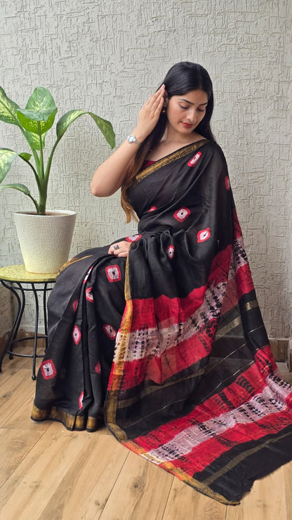 New Bagru Hand Block Printed Maheshwari Silk Saree