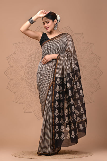 Hand Block Printed Bagru Pure Chanderi Saree with Blouse Piece