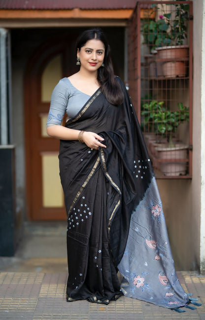 Bandhani Printed Pure Chanderi Cotton Saree with Zari Woven Pattu Border