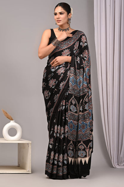 Pure Ajrakh Print Modal Silk Saree (Vegetable-Dyed) + Printed Blouse