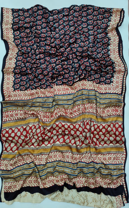Premium Natural Ajrakh Hand Block Printed Modal Silk Saree