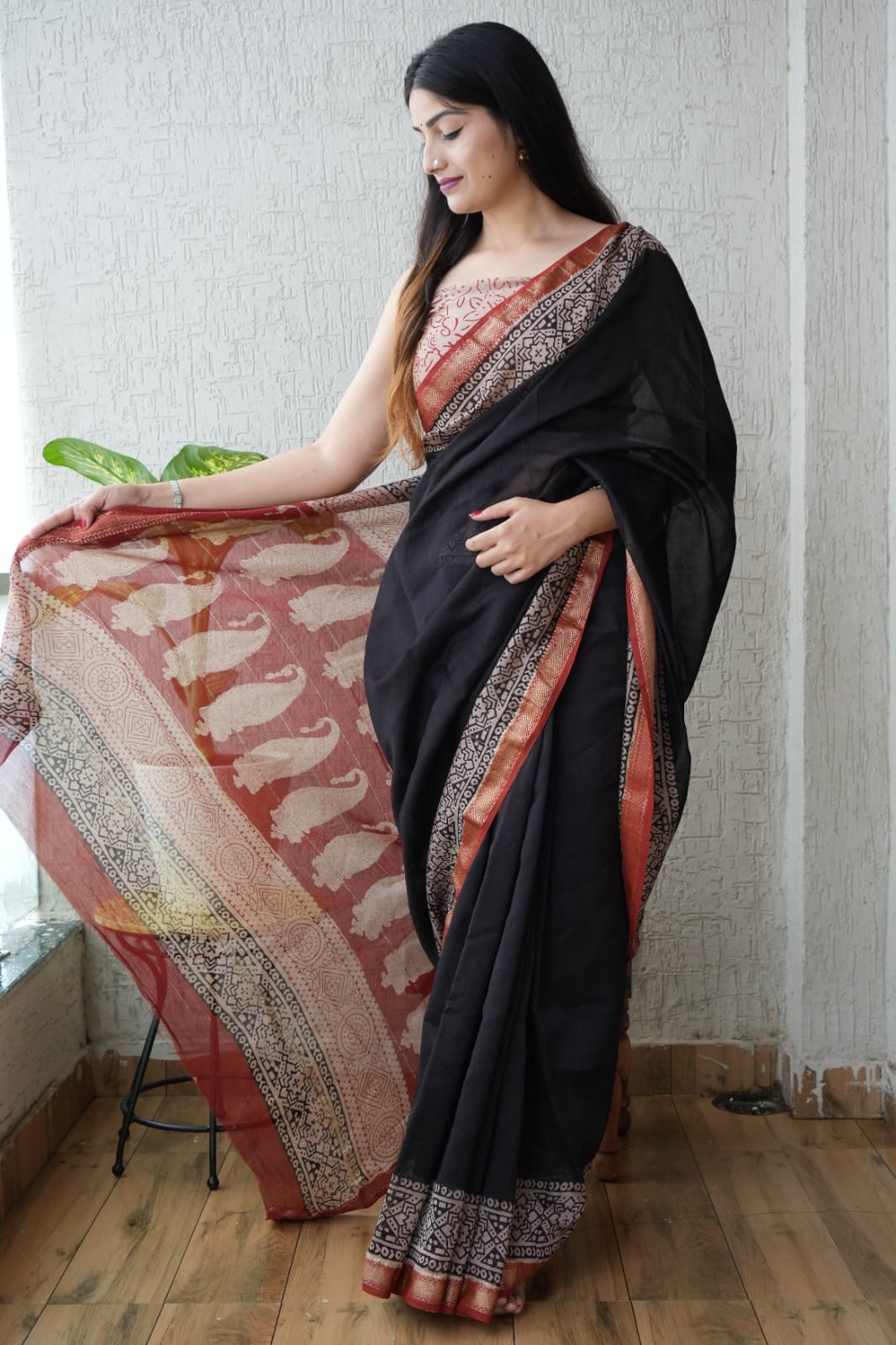 New Bagru Hand Block Printed Maheshwari Silk Saree