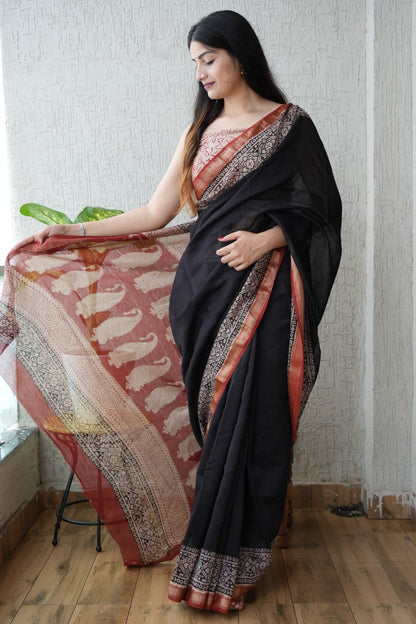New Bagru Hand Block Printed Maheshwari Silk Saree