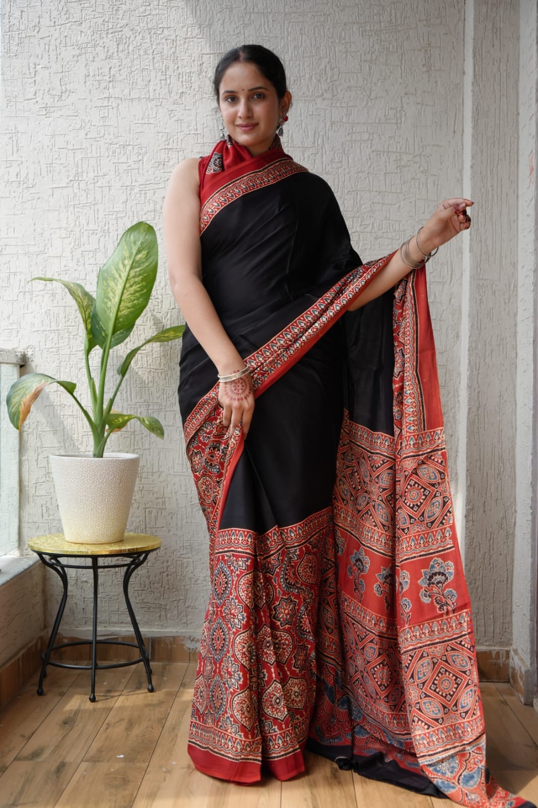 Ajrakh Pure Modal Silk Saree + Printed Blouse (Vegetable Dye)