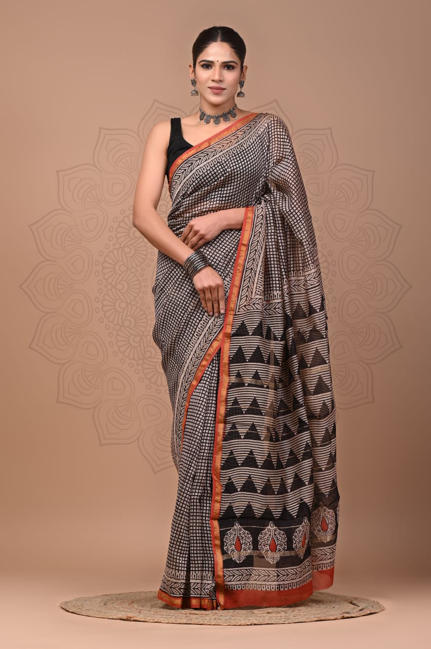 Hand Block Printed Bagru Pure Chanderi Saree with Blouse Piece