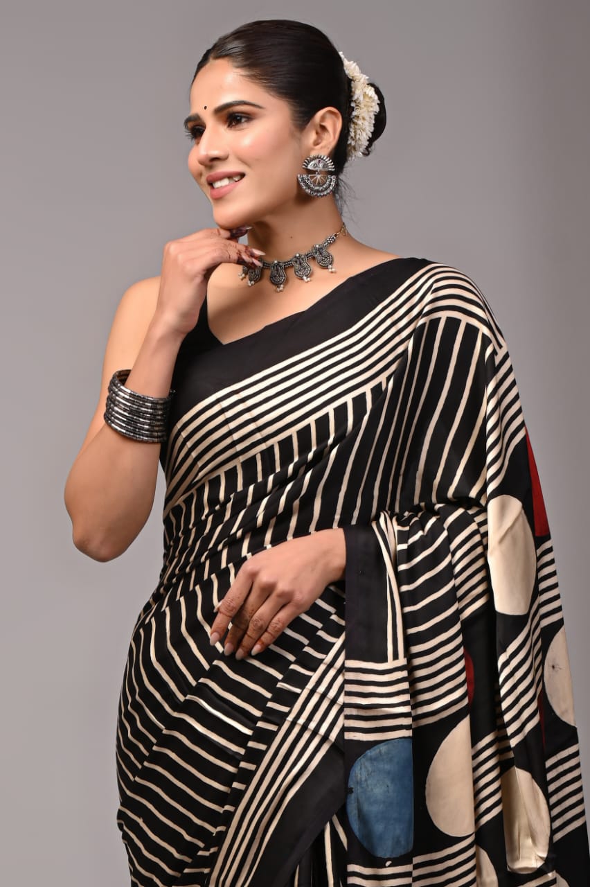 Pure Ajrakh Print Modal Silk Saree (Vegetable-Dyed) + Printed Blouse