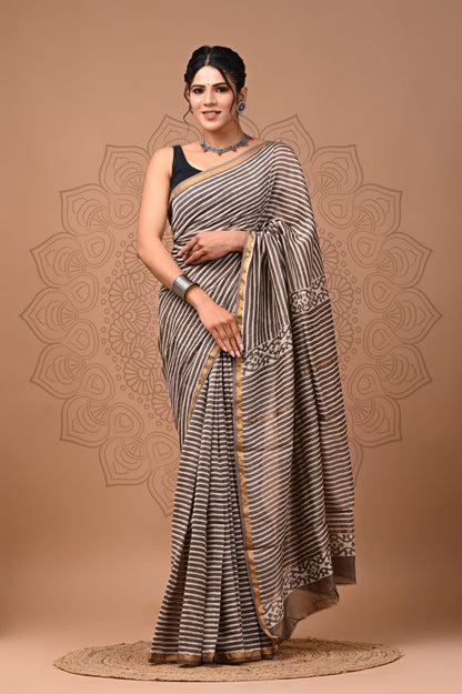 Hand Block Printed Bagru Pure Chanderi Saree with Blouse Piece