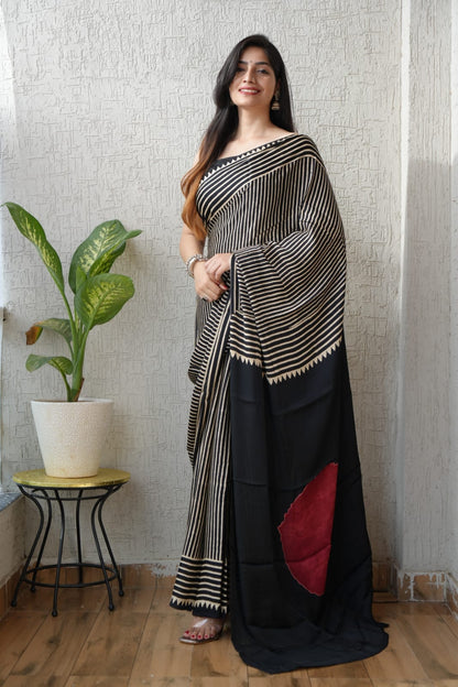 Exclusive Natural-Dye Ajrakh Vanaspati Pure Modal Silk Saree + Printed Blouse