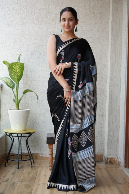 Exclusive Natural-Dye Ajrakh Vanaspati Pure Modal Silk Saree + Printed Blouse