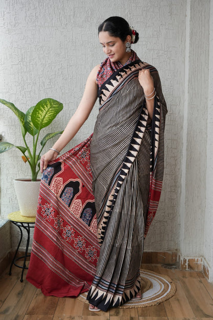 Pure Ajrakh Print Modal Silk Saree (Vegetable-Dyed) + Printed Blouse