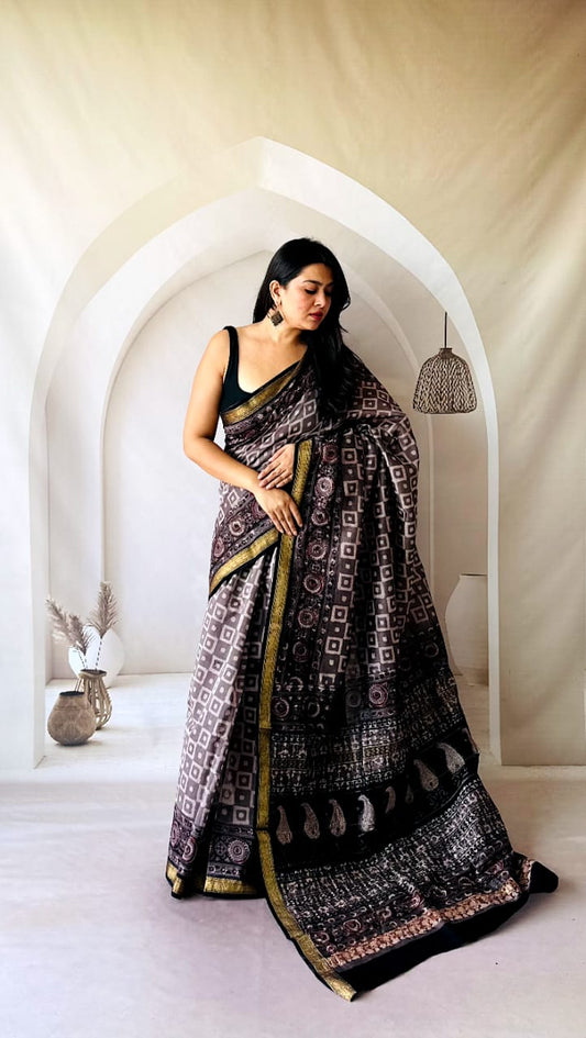 Traditional Hand Block Printed Maheshwari Silk Saree with Zari