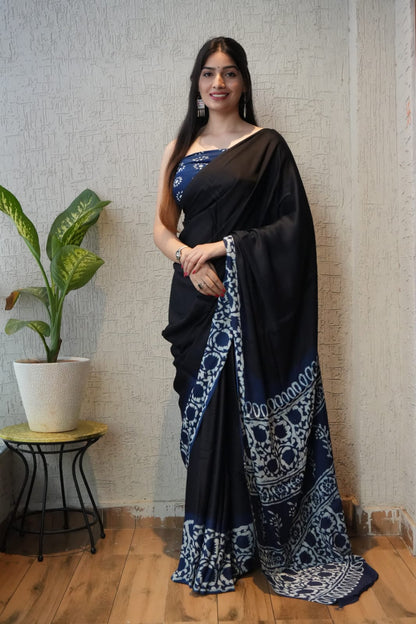 Ajrakh Pure Modal Silk Saree + Printed Blouse (Vegetable Dye)