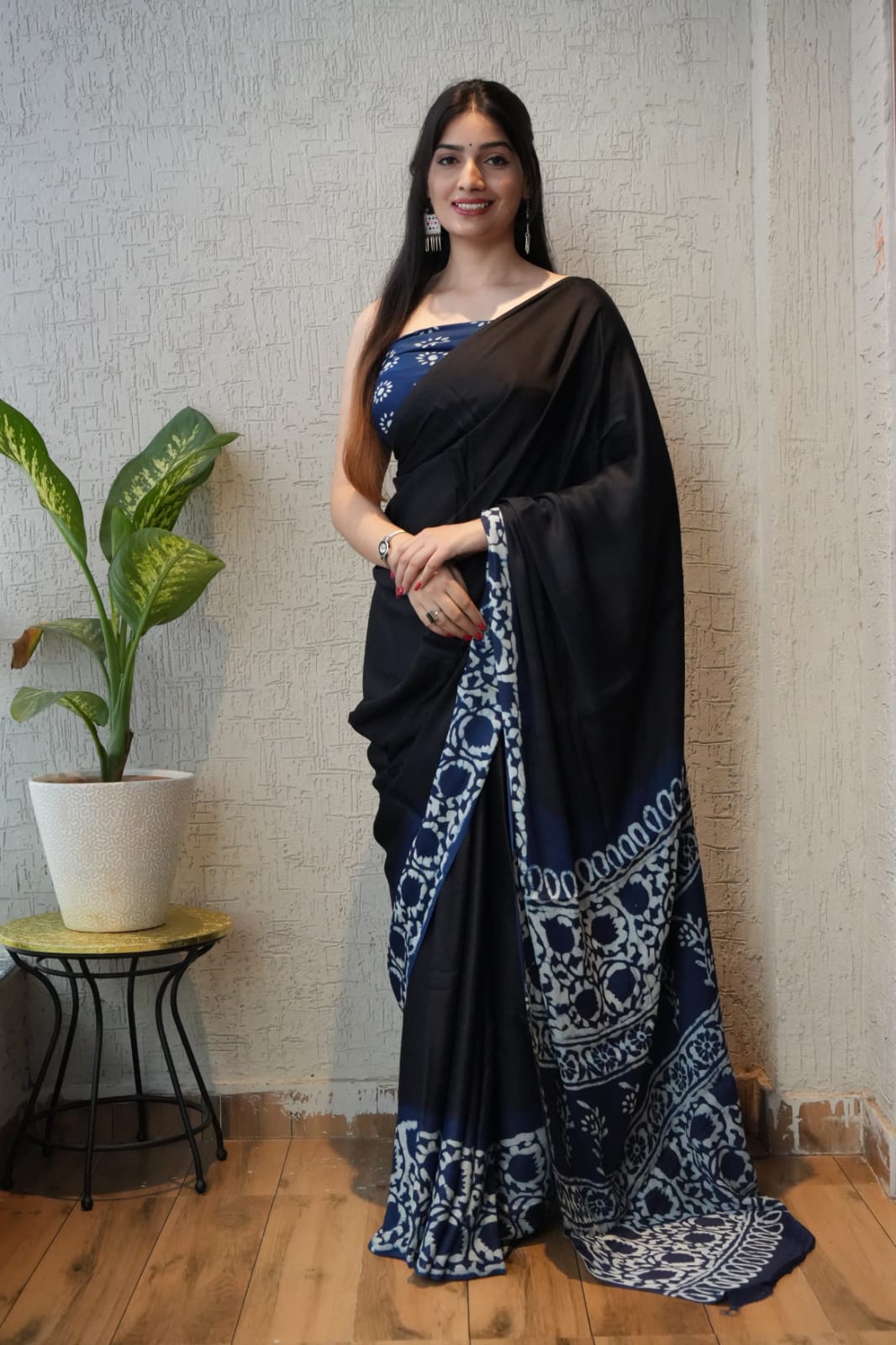 Ajrakh Pure Modal Silk Saree + Printed Blouse (Vegetable Dye)