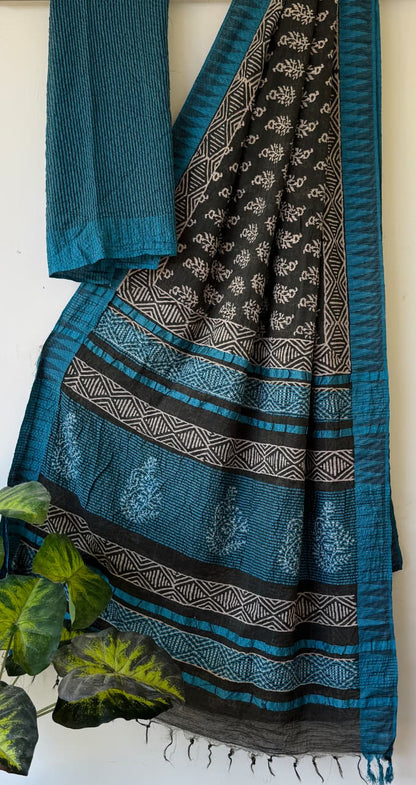 Hand Block Printed Cotton Silk Saree with Temple Border (Ajrakh & Dabu)