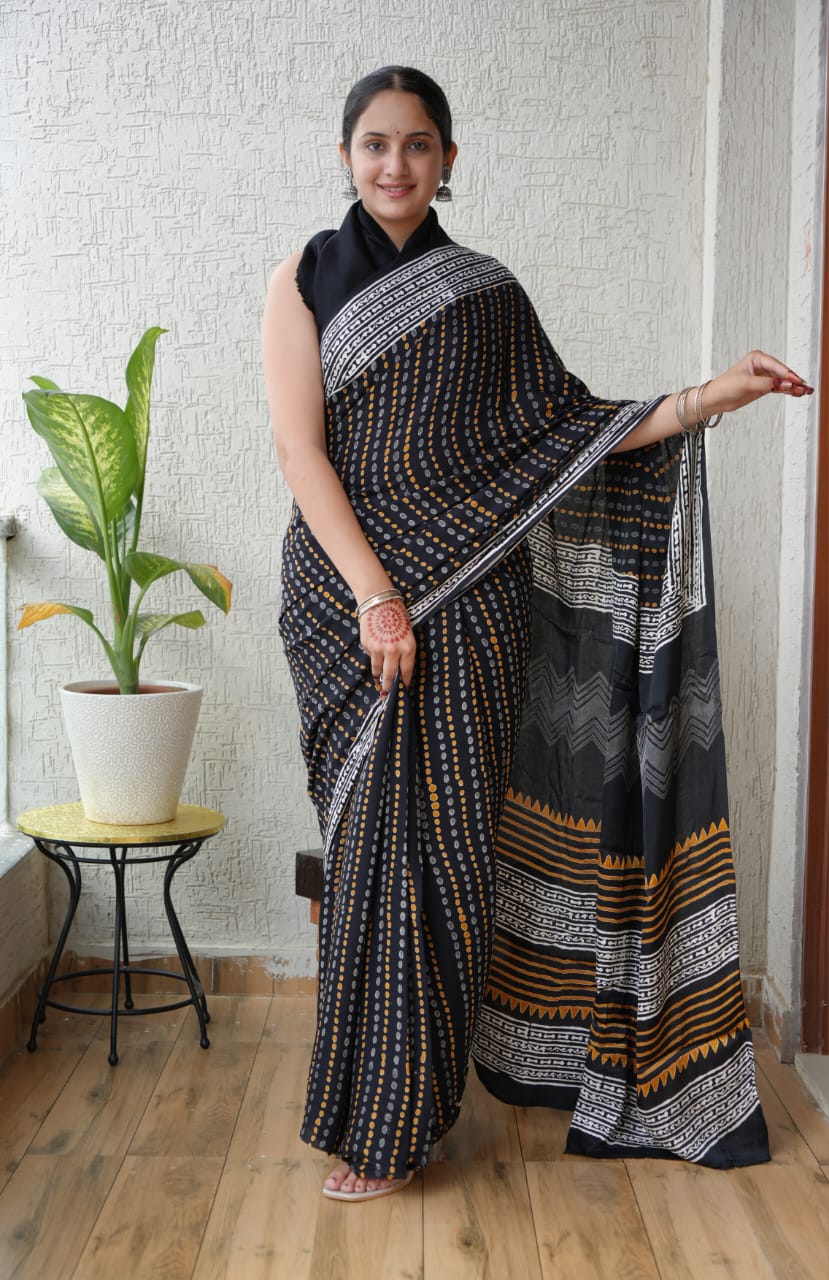 Exclusive Natural-Dye Ajrakh Vanaspati Pure Modal Silk Saree + Printed Blouse