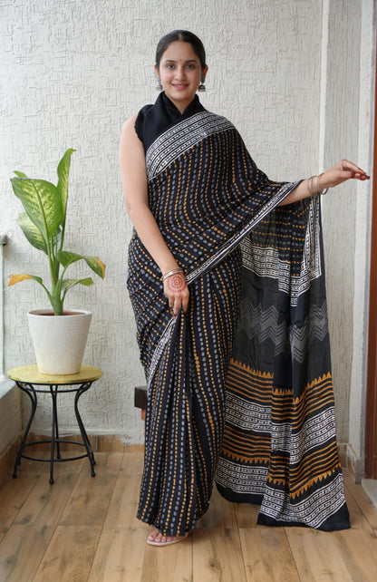 Exclusive Natural-Dye Ajrakh Vanaspati Pure Modal Silk Saree + Printed Blouse