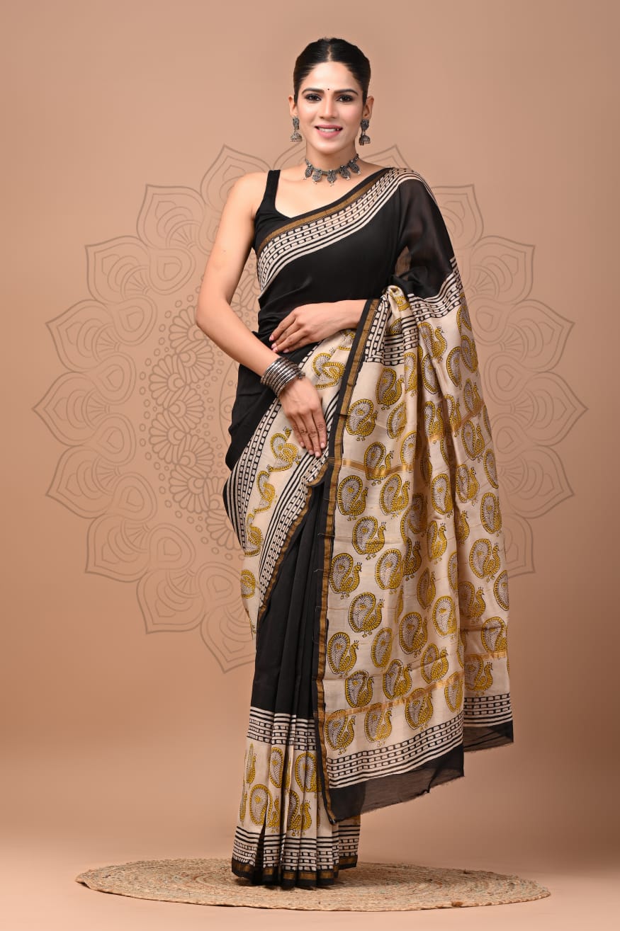 Hand Block Printed Bagru Pure Chanderi Saree with Blouse Piece