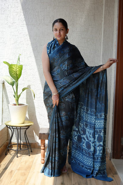Exclusive Natural-Dye Ajrakh Vanaspati Pure Modal Silk Saree + Printed Blouse