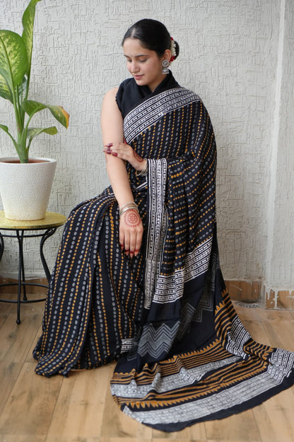 Exclusive Natural-Dye Ajrakh Vanaspati Pure Modal Silk Saree + Printed Blouse