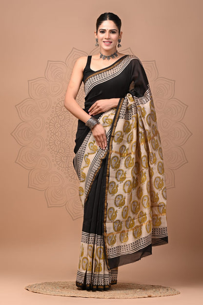 Hand Block Printed Bagru Pure Chanderi Saree with Blouse Piece