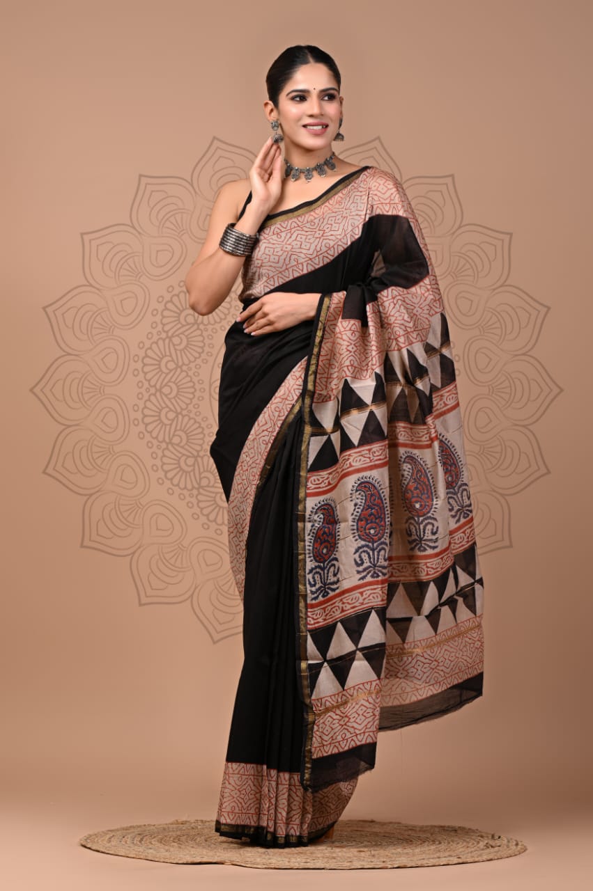 Hand Block Printed Bagru Pure Chanderi Saree with Blouse Piece